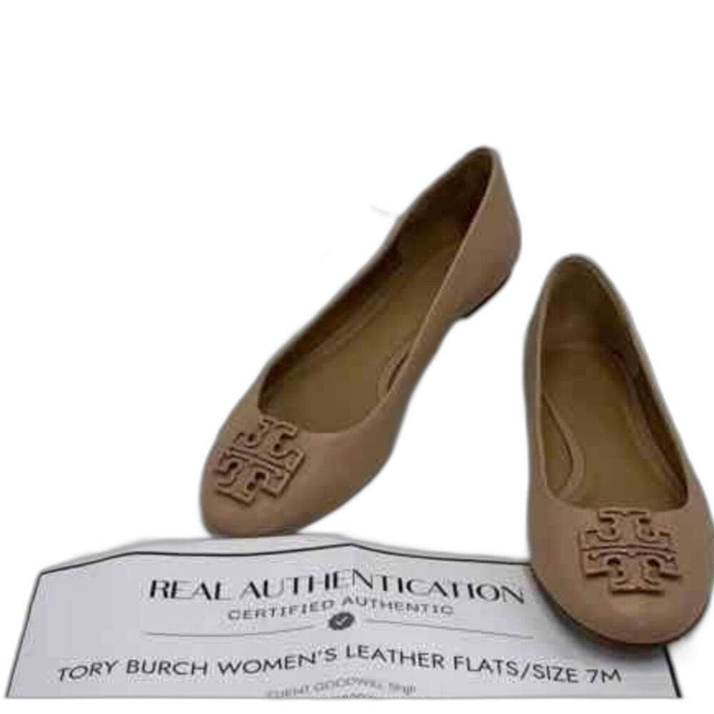 Tory Burch Georgia Leather Ballet Flats Tan Beige Logo Slip On Shoes 7M